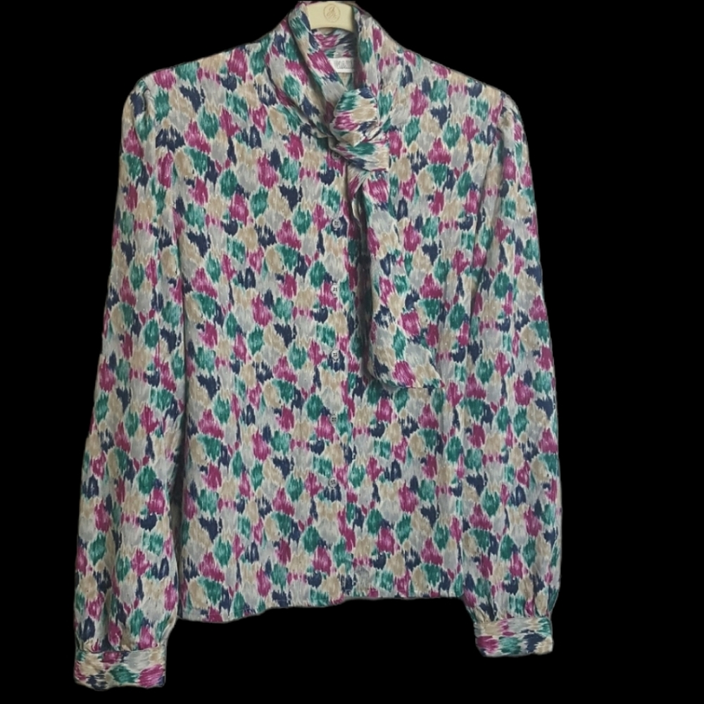 VTG Vintage Silk Neck Tie Button Printed Blouse grannycore